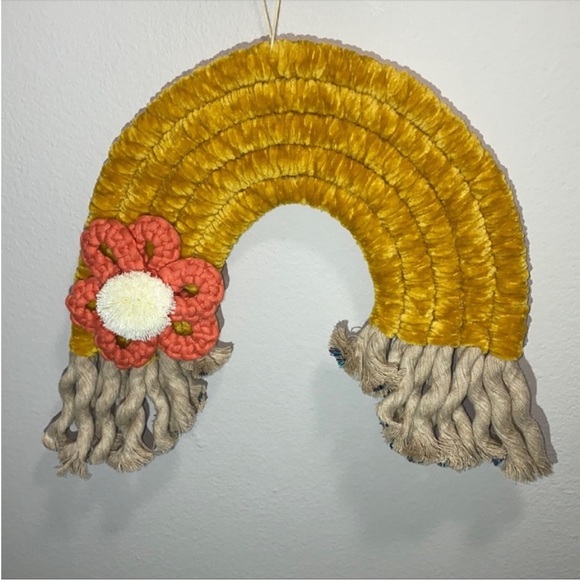 Handmade Yellow Velvet Yarn Rainbow with Macrame Flower and Fringe - Picture 14 of 14